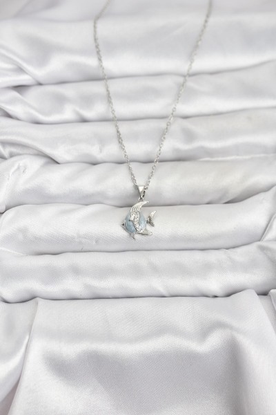 316l çelik Zincir Gümüş Renk Balık Model Zirkon Taşlı Kadın Kolye