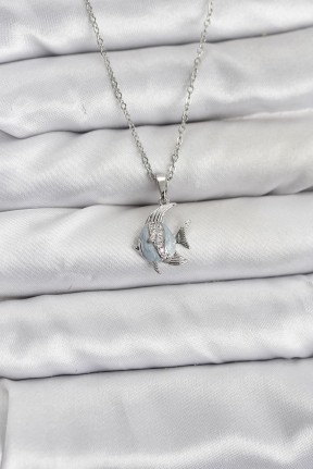 316l çelik Zincir Gümüş Renk Balık Model Zirkon Taşlı Kadın Kolye