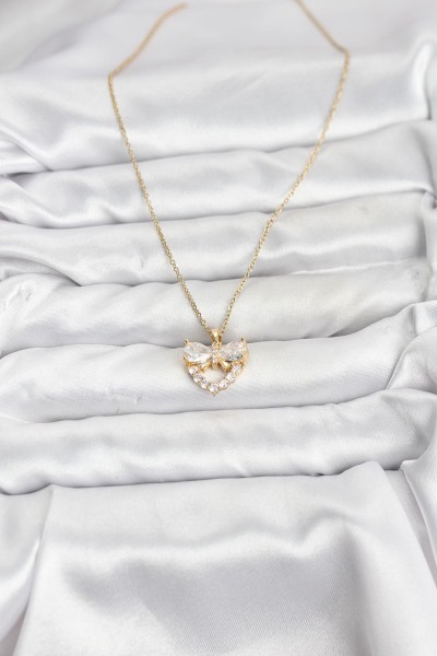 316l çelik Zincir Gold Renk Kalp Ve Fiyonk Model Zirkon Taşlı Kadın Kolye