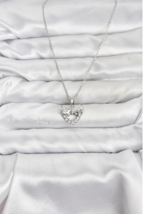 316l çelik Zincir Gümüş Renk Kalp Ve Fiyonk Model Zirkon Taşlı Kadın Kolye