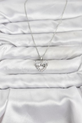 316l çelik Zincir Gümüş Renk Kalp Ve Fiyonk Model Zirkon Taşlı Kadın Kolye