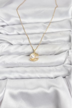 316l çelik Zincir Gold Renk İstiridye İnci Model Zirkon Taşlı Kadın Kolye