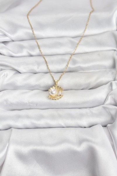 316l çelik Zincir Gold Renk İstiridye İnci Model Zirkon Taşlı Kadın Kolye