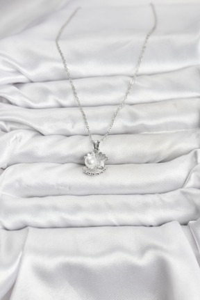 316l çelik Zincir Gümüş Renk İstiridye İnci Model Zirkon Taşlı Kadın Kolye