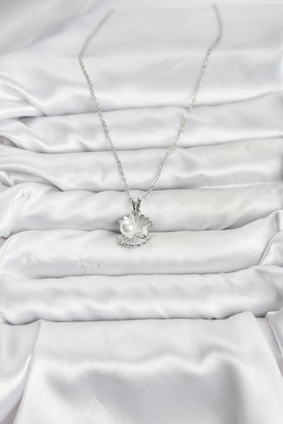 316l çelik Zincir Gümüş Renk İstiridye İnci Model Zirkon Taşlı Kadın Kolye