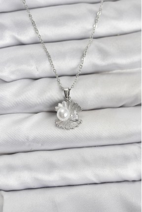 316l çelik Zincir Gümüş Renk İstiridye İnci Model Zirkon Taşlı Kadın Kolye