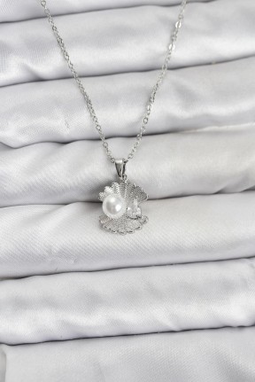 316l çelik Zincir Gümüş Renk İstiridye İnci Model Zirkon Taşlı Kadın Kolye