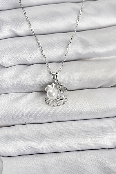 316l çelik Zincir Gümüş Renk İstiridye İnci Model Zirkon Taşlı Kadın Kolye