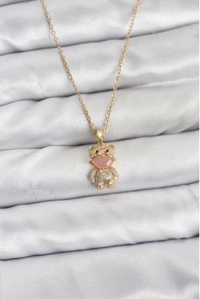 316l çelik Zincir Gold Renk Teddy Bear Model Zirkon Taşlı Kadın Kolye