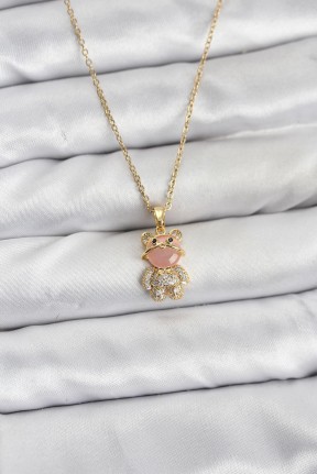 316l çelik Zincir Gold Renk Teddy Bear Model Zirkon Taşlı Kadın Kolye
