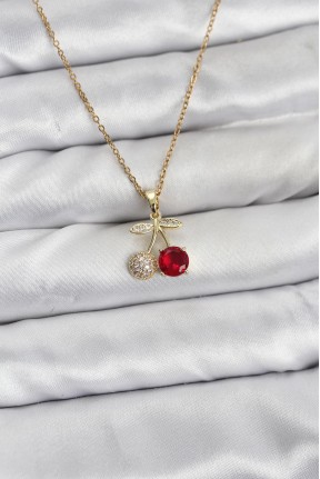 316l çelik Zincir Gold Renk Kiraz Model Zirkon Taşlı Kadın Kolye