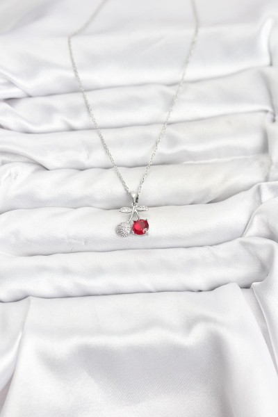 316l çelik Zincir Gümüş Renk Kiraz Model Zirkon Taşlı Kadın Kolye