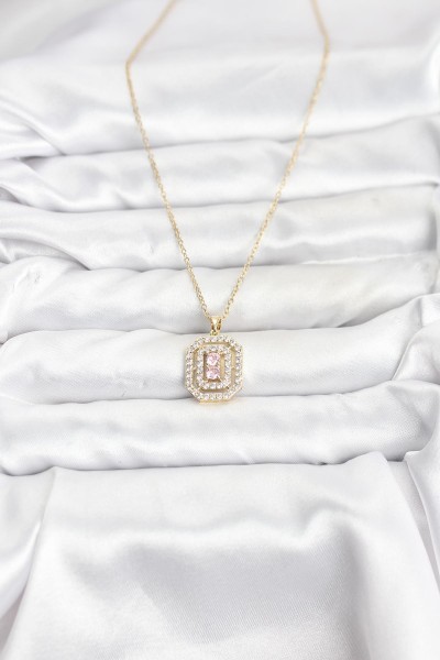 316l çelik Zincir Gold Renk Plaka Model Zirkon Taşlı Kadın Kolye