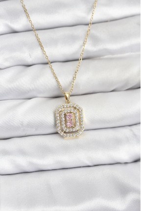 316l çelik Zincir Gold Renk Plaka Model Zirkon Taşlı Kadın Kolye