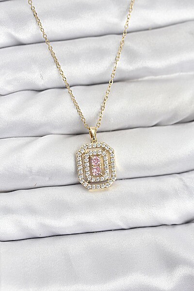 316l çelik Zincir Gold Renk Plaka Model Zirkon Taşlı Kadın Kolye