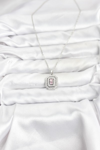 316l çelik Zincir Gümüş Renk Plaka Model Zirkon Taşlı Kadın Kolye