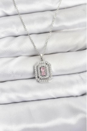 316l çelik Zincir Gümüş Renk Plaka Model Zirkon Taşlı Kadın Kolye