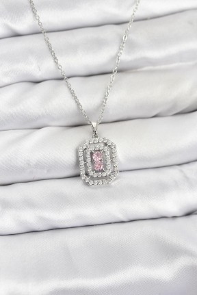 316l çelik Zincir Gümüş Renk Plaka Model Zirkon Taşlı Kadın Kolye