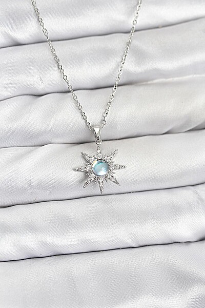 316l çelik Zincir Gümüş Renk Kutup Yıldızı Model Zirkon Taşlı Kadın Kolye