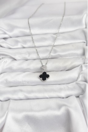 316l çelik Zincir Gümüş Renk Yonca Model Zirkon Taşlı Kadın Kolye