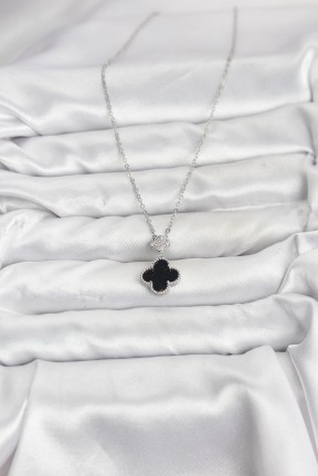 316l çelik Zincir Gümüş Renk Yonca Model Zirkon Taşlı Kadın Kolye