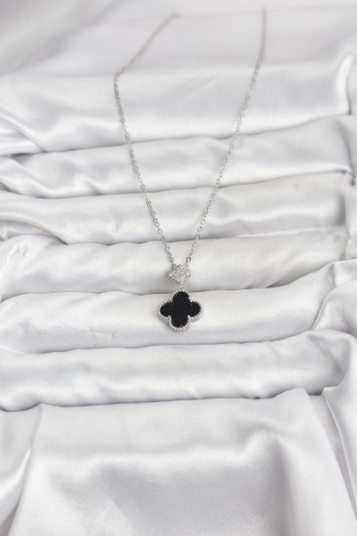 316l çelik Zincir Gümüş Renk Yonca Model Zirkon Taşlı Kadın Kolye