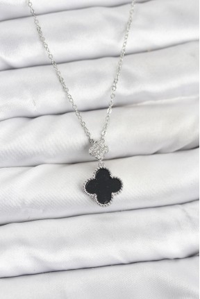 316l çelik Zincir Gümüş Renk Yonca Model Zirkon Taşlı Kadın Kolye