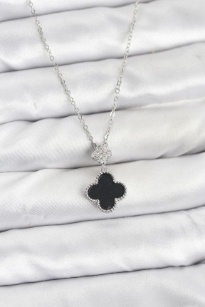 316l çelik Zincir Gümüş Renk Yonca Model Zirkon Taşlı Kadın Kolye