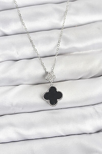 316l çelik Zincir Gümüş Renk Yonca Model Zirkon Taşlı Kadın Kolye