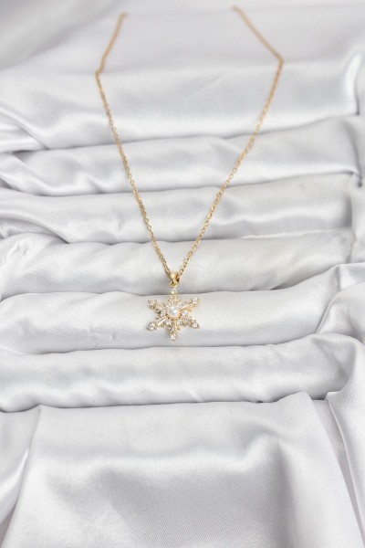 316l çelik Zincir Gold Renk Kar Tanesi Model Zirkon Taşlı Kadın Kolye