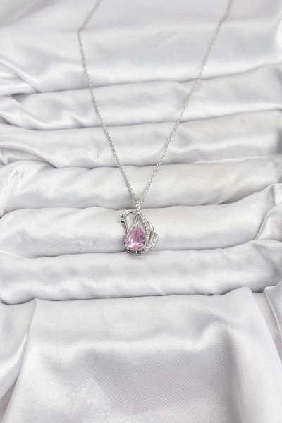 316l çelik Zincir Gümüş Renk Pembe Kuğu Model Zirkon Taşlı Kadın Kolye