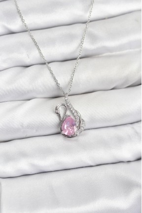 316l çelik Zincir Gümüş Renk Pembe Kuğu Model Zirkon Taşlı Kadın Kolye
