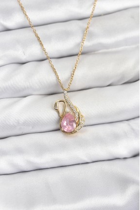 316l çelik Zincir Gold Renk Pembe Kuğu Model Zirkon Taşlı Kadın Kolye