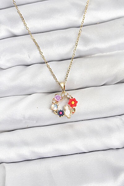 316l çelik Zincir Gold Renk çiçekli Kedili Model Kadın Kolye