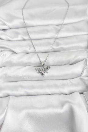 316l çelik Zincir Gümüş Renk Sinek Model Zirkon Taşlı Kadın Kolye