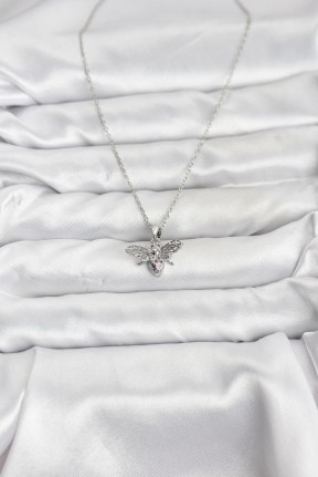 316l çelik Zincir Gümüş Renk Sinek Model Zirkon Taşlı Kadın Kolye