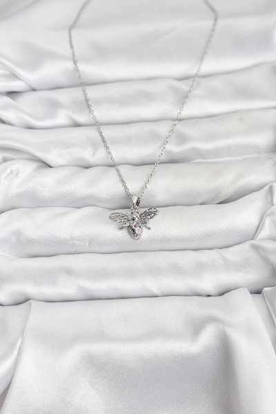 316l çelik Zincir Gümüş Renk Sinek Model Zirkon Taşlı Kadın Kolye