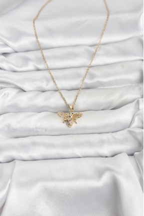 316l çelik Zincir Gold Renk Sinek Model Zirkon Taşlı Kadın Kolye