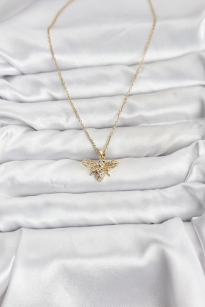 316l çelik Zincir Gold Renk Sinek Model Zirkon Taşlı Kadın Kolye