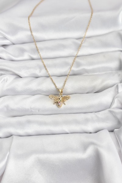 316l çelik Zincir Gold Renk Sinek Model Zirkon Taşlı Kadın Kolye