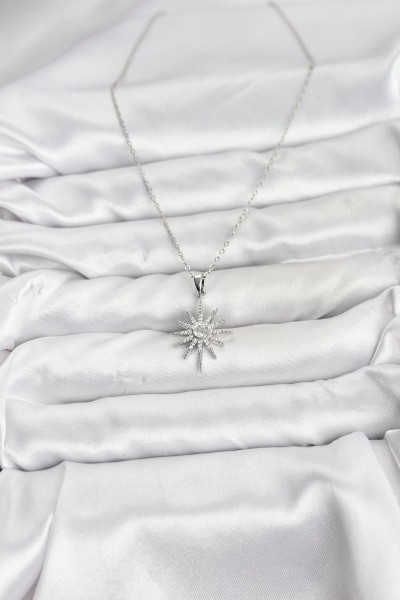 316l çelik Zincir Gümüş Renk Kutup Yıldızı Model Zirkon Taşlı Kadın Kolye