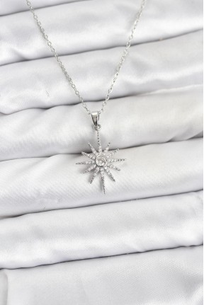 316l çelik Zincir Gümüş Renk Kutup Yıldızı Model Zirkon Taşlı Kadın Kolye