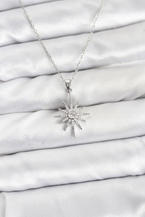316l çelik Zincir Gümüş Renk Kutup Yıldızı Model Zirkon Taşlı Kadın Kolye