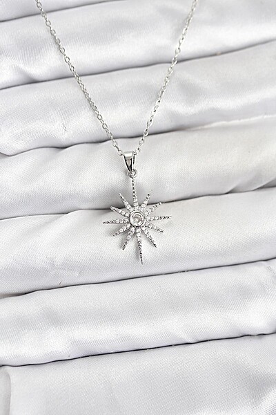 316l çelik Zincir Gümüş Renk Kutup Yıldızı Model Zirkon Taşlı Kadın Kolye