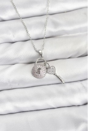 316l çelik Zincir Gümüş Renk Kilit Anahtar Model Zirkon Taşlı Kadın Kolye