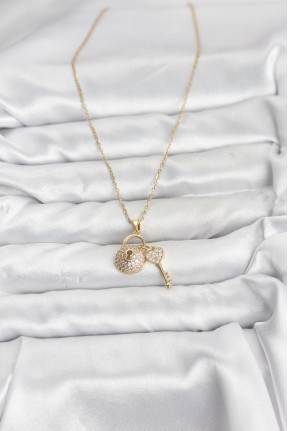 316l çelik Zincir Gold Renk Kilit Anahtar Model Zirkon Taşlı Kadın Kolye