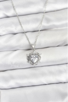 316l çelik Zincir Gümüş Renk Kalp Model Zirkon Taşlı Kadın Kolye