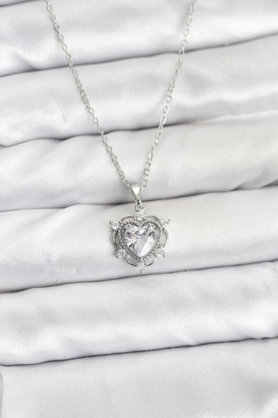 316l çelik Zincir Gümüş Renk Kalp Model Zirkon Taşlı Kadın Kolye