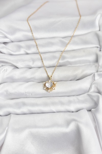 316l çelik Zincir Gold Renk Kalp Model Zirkon Taşlı Kadın Kolye