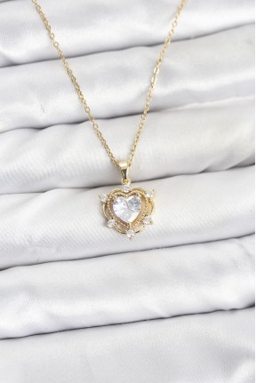 316l çelik Zincir Gold Renk Kalp Model Zirkon Taşlı Kadın Kolye